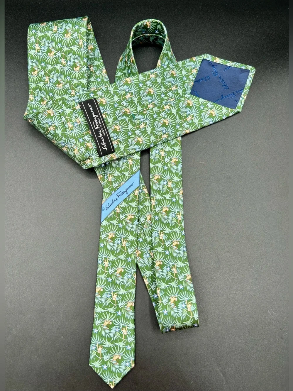 SALVATORE FERRAGAMO Silk Neck Tie - Tropical Jungle Leaf and Monkey motif.